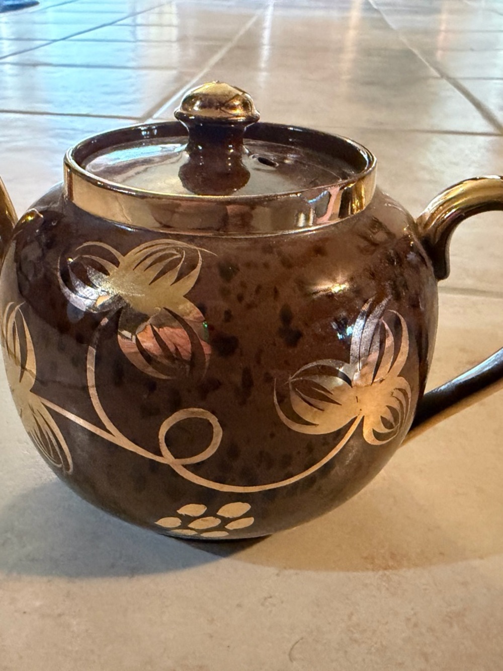Gold Floral Accent Brown Ceramic Teapot - Decorative Home Design